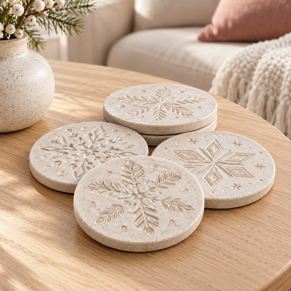 Set of four light winter-themed coasters with embossed motifs concept