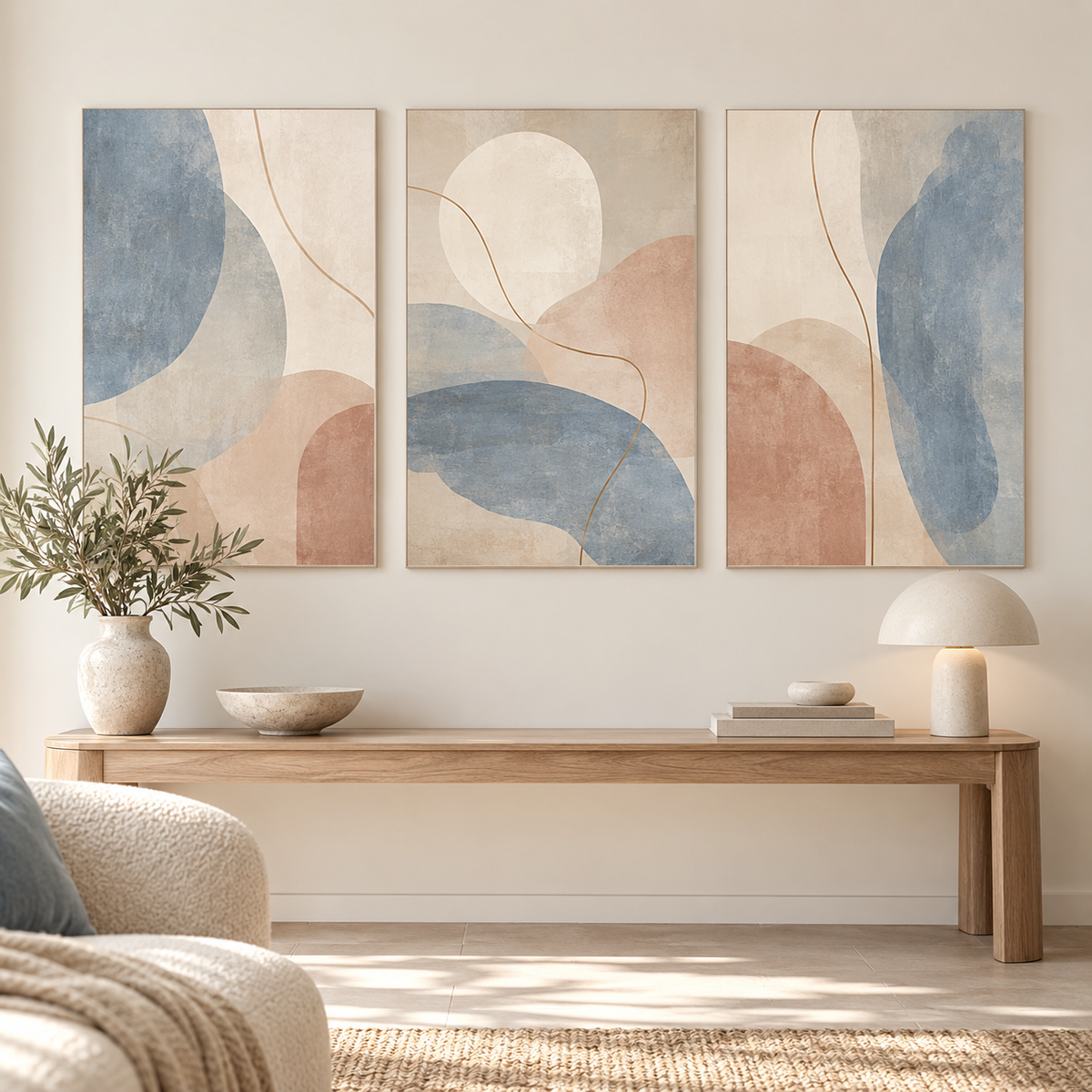 Three abstract muted-color gallery wall art print concepts