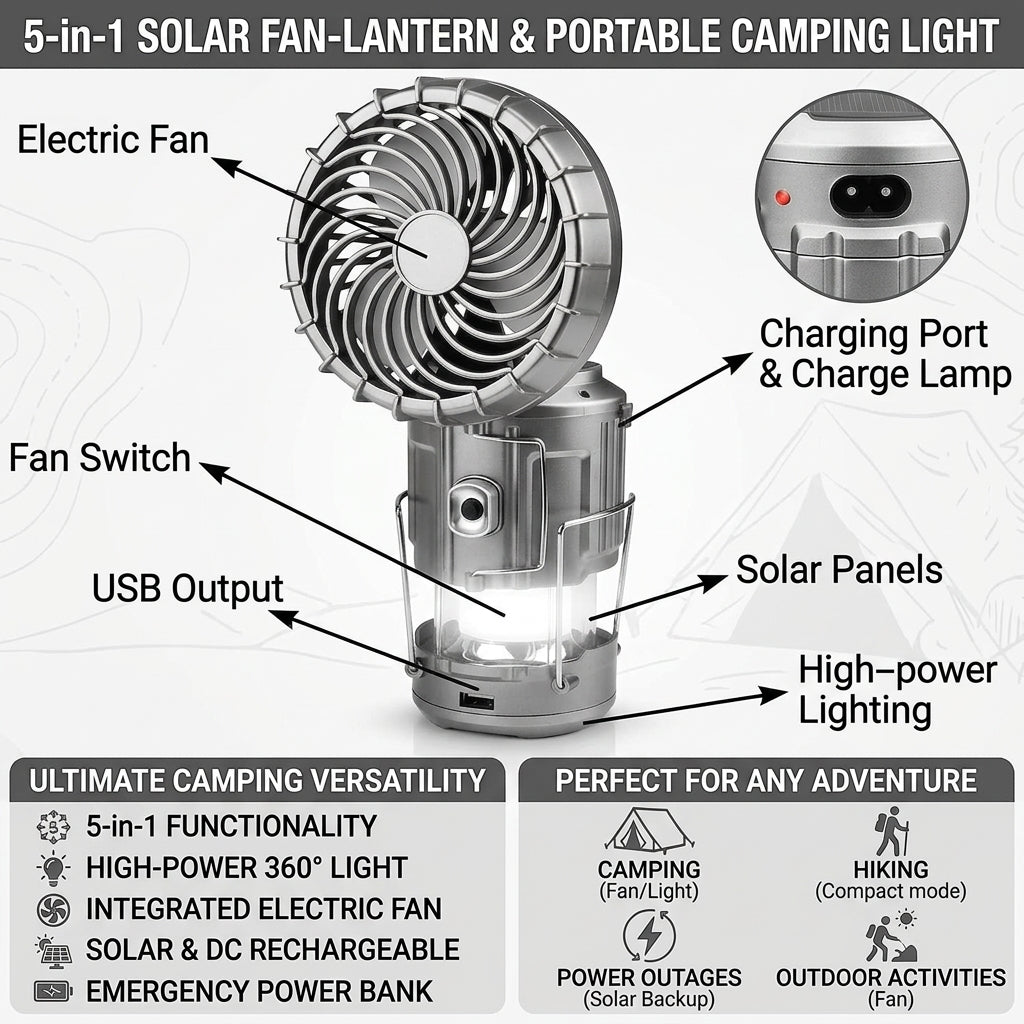 💡5-in-1 Portable Solar Fan Lantern