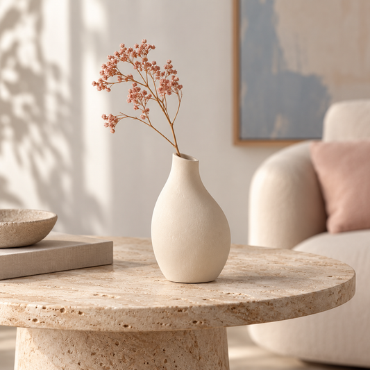 Sculptural ivory bud vase with single dried flower concept