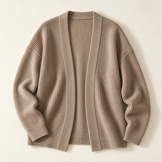 Relaxed taupe open-front knit cardigan concept on warm ivory background