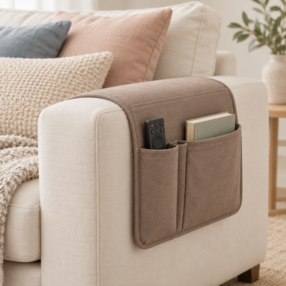 Taupe fabric couch arm organizer with pockets concept